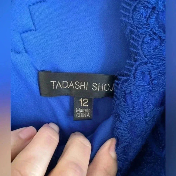 TADASHI SHOJI Dress Embroidered Sheath V Neck Lace Scallop Royal Blue Size 12 - Picture 9 of 16